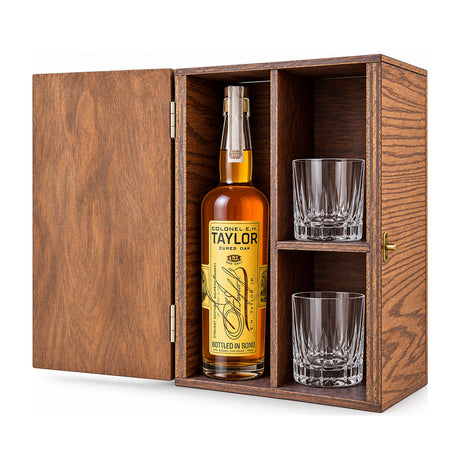 E.H. Taylor Cured Oak Bourbon Gift Set Wood Box 750ml – wooden gift box with 2 crystal glasses