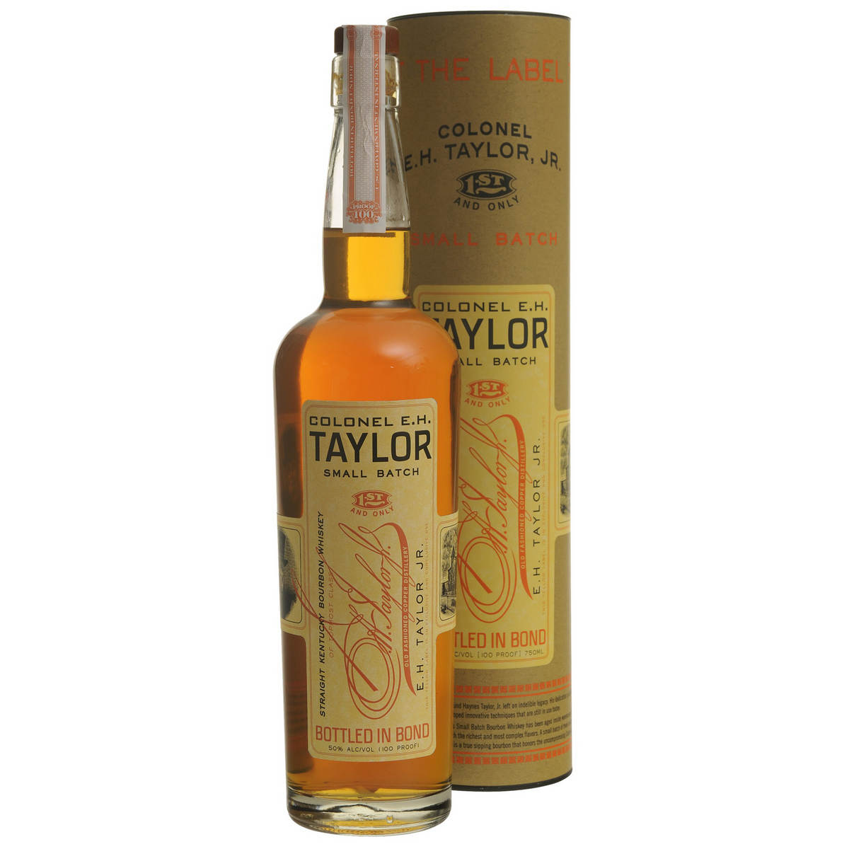 Colonel E.H. Taylor Small Batch bottled-in-bond bourbon bottle front label — 100 proof Kentucky 750ml.