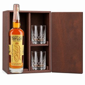 E.H. Taylor Small Batch bourbon wooden gift set with 2 crystal glasses — caramel oak vanilla finish 750ml.