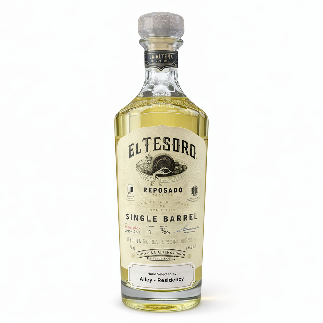 El Tesoro Reposado Single Barrel Tequila collector bottle front view on white background