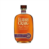 Elijah Craig Single Barrel 21 Year Kentucky straight bourbon whiskey 750ml bottle with purple age medallion; deep caramel and oak.