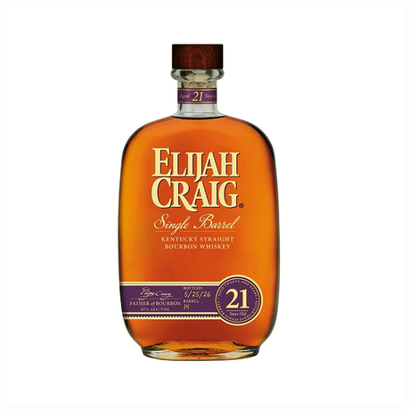 Elijah Craig Single Barrel 21 Year Kentucky straight bourbon whiskey 750ml bottle with purple age medallion; deep caramel and oak.