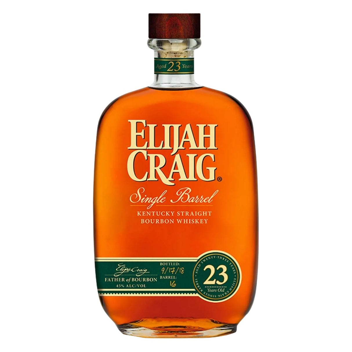 Elijah Craig 23 Year Single Barrel Straight Bourbon Whiskey 750ml bottle aged 23 years at Heaven Hill Distillery in Bardstown, Kentucky at 90 proof
