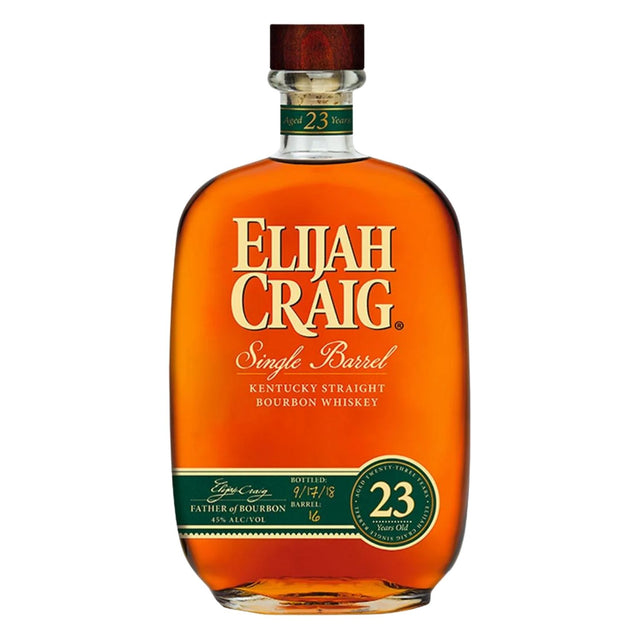 Elijah Craig 23 Year Single Barrel Straight Bourbon Whiskey 750ml bottle aged 23 years at Heaven Hill Distillery in Bardstown, Kentucky at 90 proof