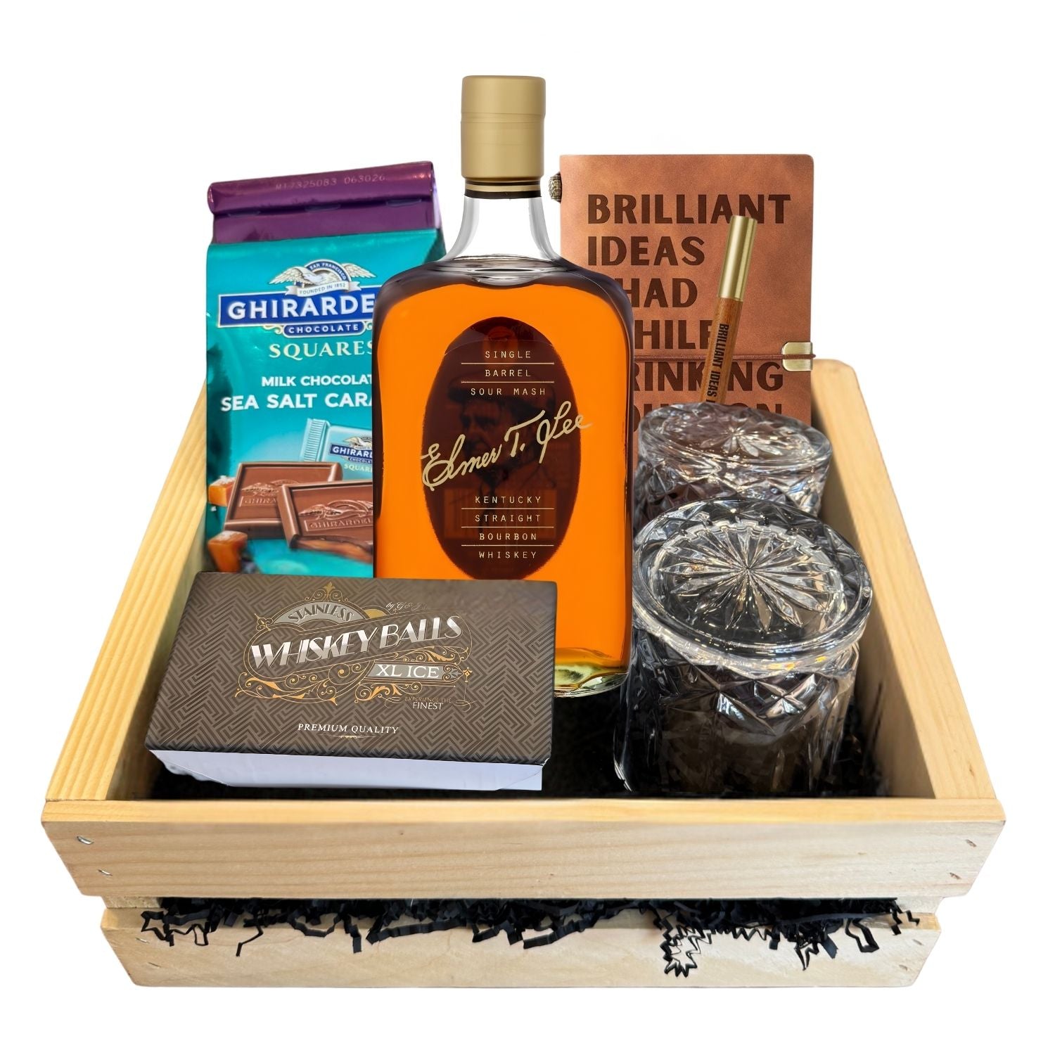 Elmer T. Lee Single Barrel Bourbon Gift Crate on white background – includes bottle, glasses, journal and chocolates – exclusive bourbon gift from Rare Bourbon Shop