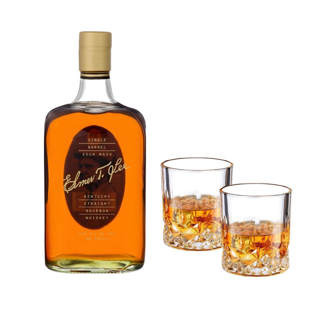 Engravable Elmer T. Lee Single Barrel Bourbon Gift Set with two crystal glasses on white background – refined collector’s set from Top Bourbon