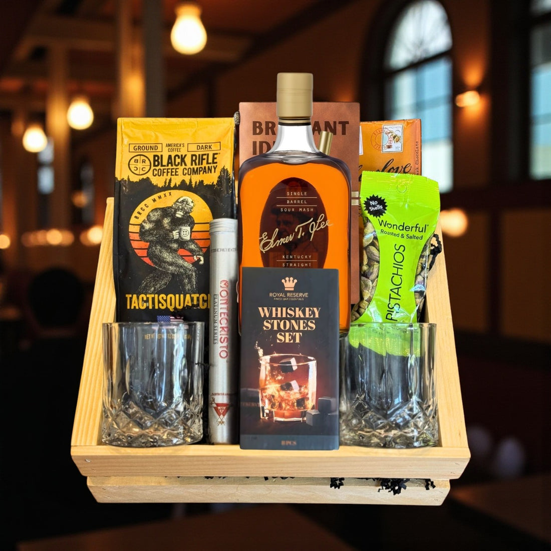 Elmer T. Lee Single Barrel Bourbon Top Shelf Gift Crate featuring whiskey, glasses, cigar, coffee and journal in a wooden crate – limited edition luxury gift from Rare Bourbon Shop
