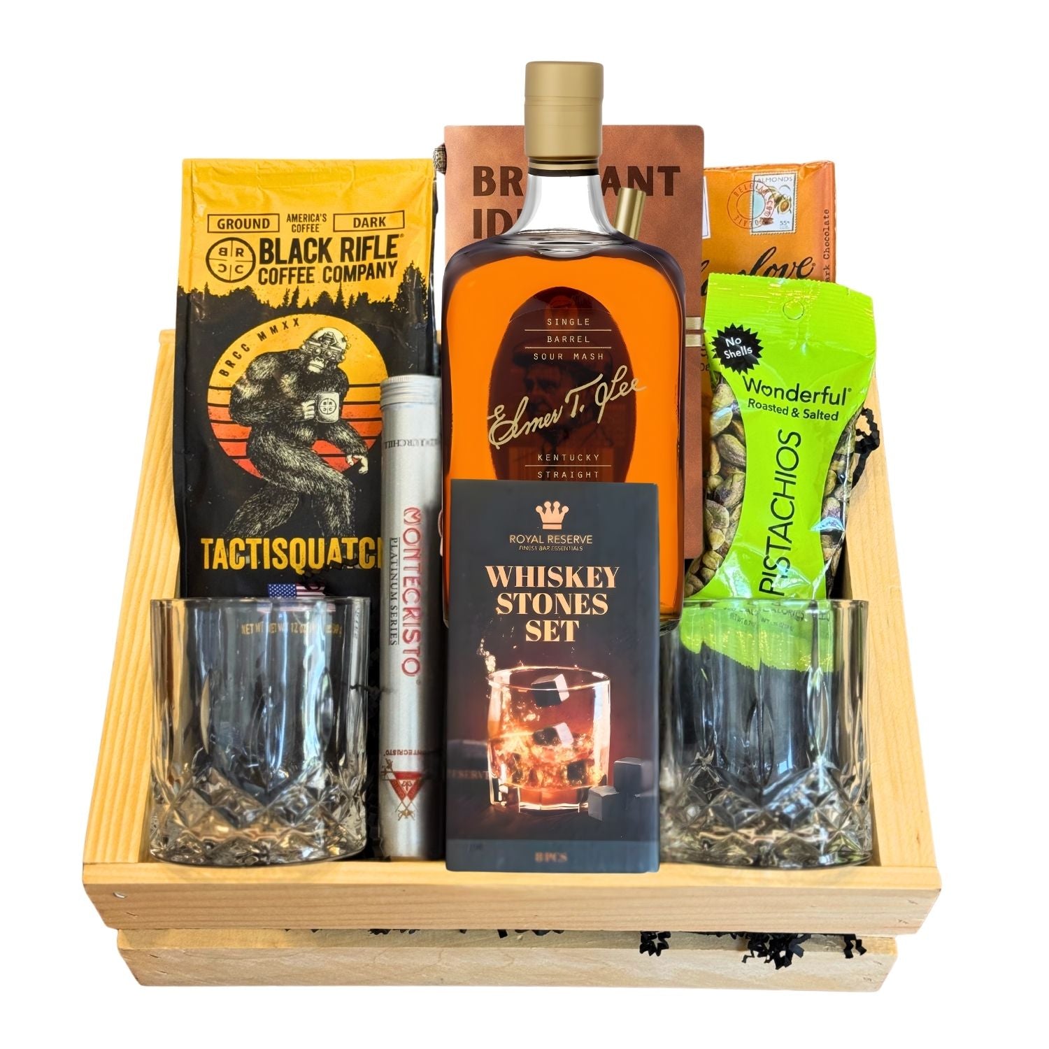 Elmer T. Lee Single Barrel Bourbon Top Shelf Gift Crate on white background – includes whiskey, glasses, coffee, cigar and journal – exclusive bourbon collector’s gift from Rare Bourbon Shop