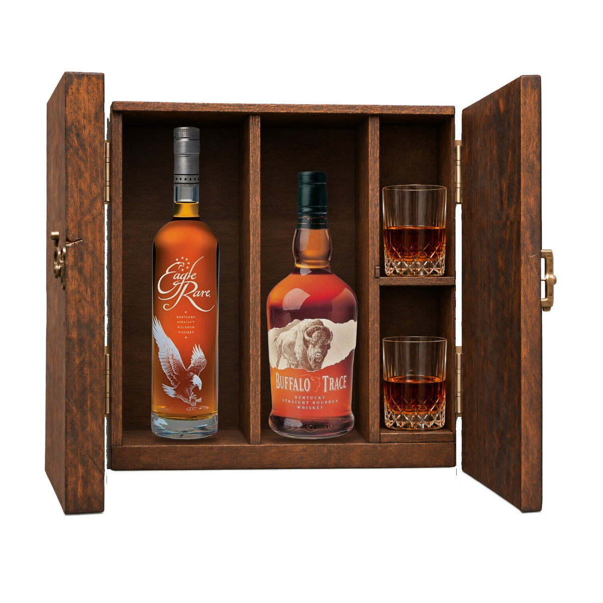 Eagle Rare 10 Year & Buffalo Trace Gift Set with Wooden Box & 2 Crystal Glasses – 2 x 750ml