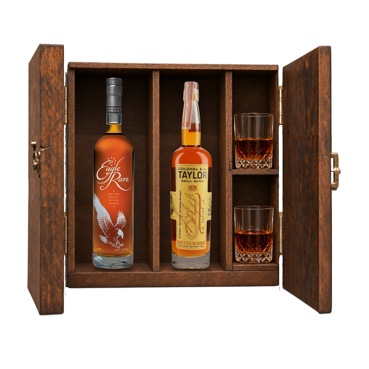 Eagle Rare 10 Year & E.H. Taylor Small Batch Gift Set with Wooden Box & 2 Crystal Glasses – 2 x 750ml