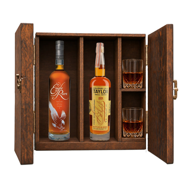 Eagle Rare 10 Year & E.H. Taylor Small Batch Gift Set with Wooden Box & 2 Crystal Glasses – 2 x 750ml