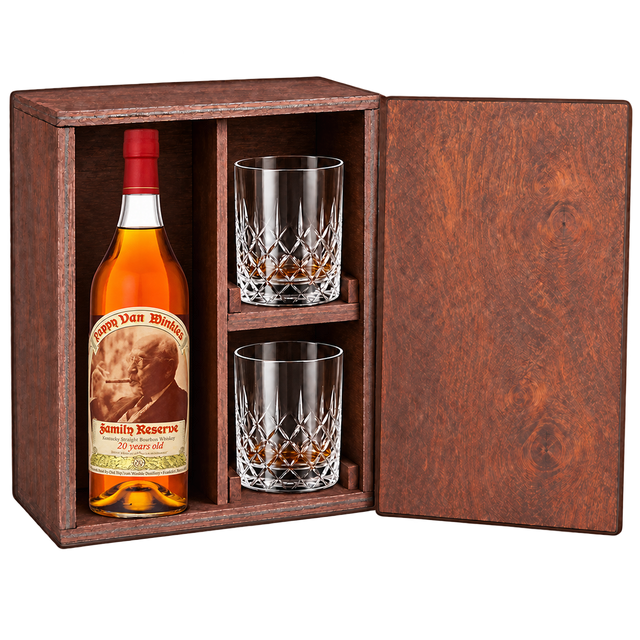 Pappy Van Winkle Family Reserve 20 Year Gift Set with Wooden Box & 2 Crystal Glasses featuring a 750 mL bottle, fitted wooden box, and two glasses