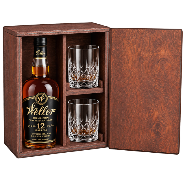 W.L. Weller 12 Year bourbon wooden gift box with two crystal glasses