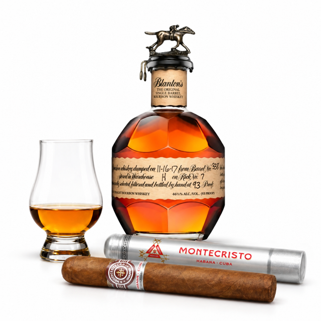 Blanton's Original Single Barrel bourbon gift set with Glencairn glass and cigar