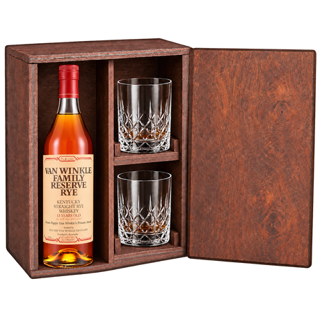 Van Winkle Family Reserve Rye 13 Year Gift Set with Wooden Box & 2 Crystal Glasses featuring a 750 mL bottle, fitted wooden box, and two glasses