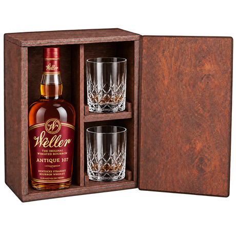 W.L. Weller Antique 107 bourbon wooden gift box with two crystal glasses