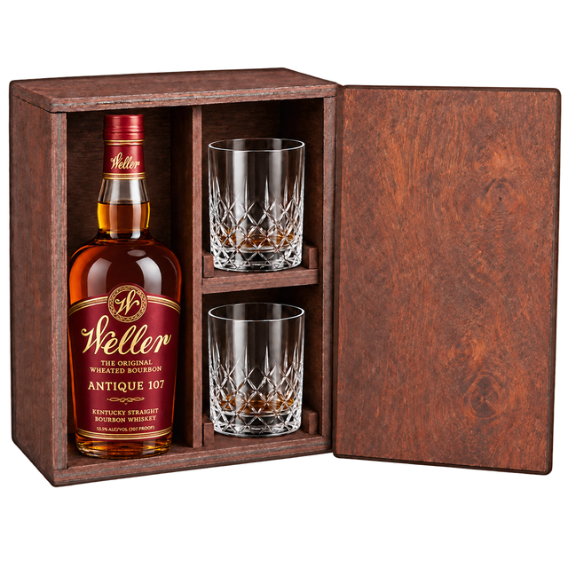 W.L. Weller Antique 107 bourbon wooden gift box with two crystal glasses