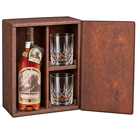 Pappy Van Winkle Family Reserve 23 Year Gift Set with Wooden Box & 2 Crystal Glasses featuring a 750 mL bottle, fitted wooden box, and two glasses