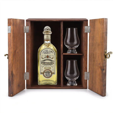 Fortaleza Winter Blend Reposado Tequila 2025 Limited Release 750ml in a wooden gift box with 2 Glencairn glasses