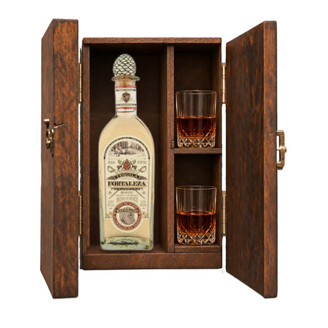 Fortaleza Reposado Tequila Gift Set with Wooden Box & 2 Crystal Glasses – 750ml