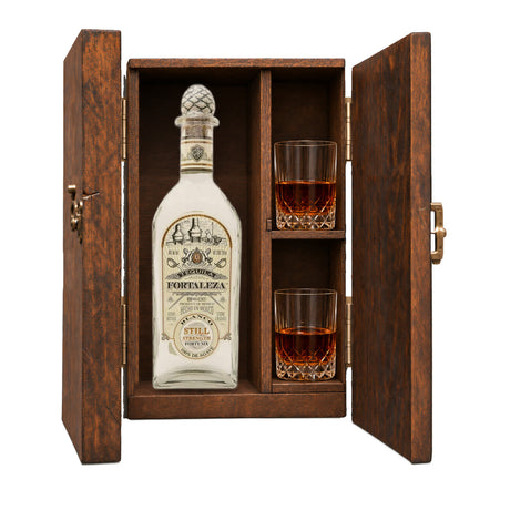 Fortaleza Still Strength Blanco Tequila Gift Set with Wooden Box & 2 Crystal Glasses – 750ml
