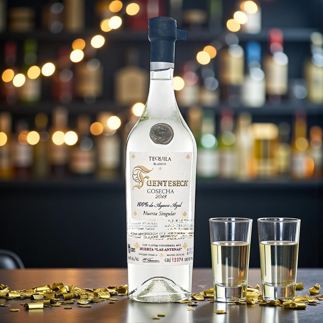 Collector’s Fuenteseca Cosecha “Huerta Las Antenas” Blanco Tequila 2018 Limited Release bottle on rustic wood surface – Rare Bourbon Shop lifestyle photo