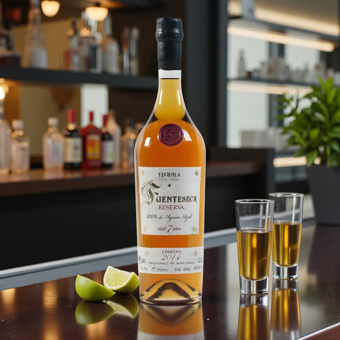 Collector’s Fuenteseca Reserva 7 Year Extra Añejo Tequila Limited Release bottle with two shot glasses and lime wedges on bar – Rare Bourbon Shop lifestyle photo