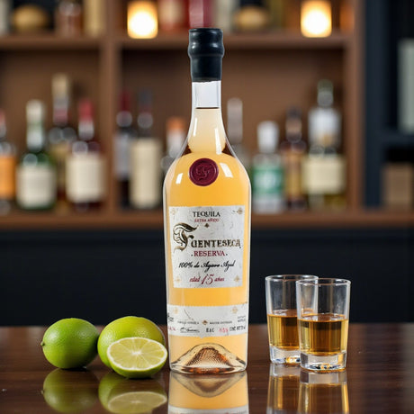 Collector’s Fuenteseca Reserva Extra Añejo 15 Year Tequila 750ml bottle with shot glasses and limes on bar – Rare Bourbon Shop lifestyle photo