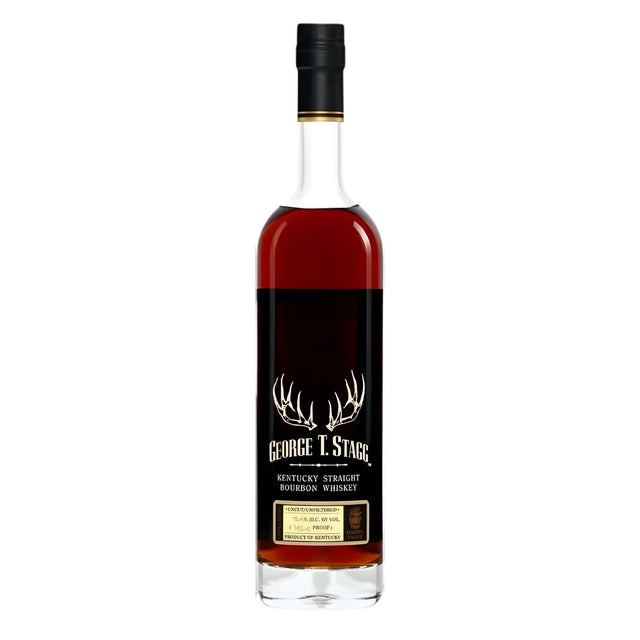 George T. Stagg Bourbon Whiskey 2025 limited release 142.8 proof bottle on white background – rare collectible bourbon