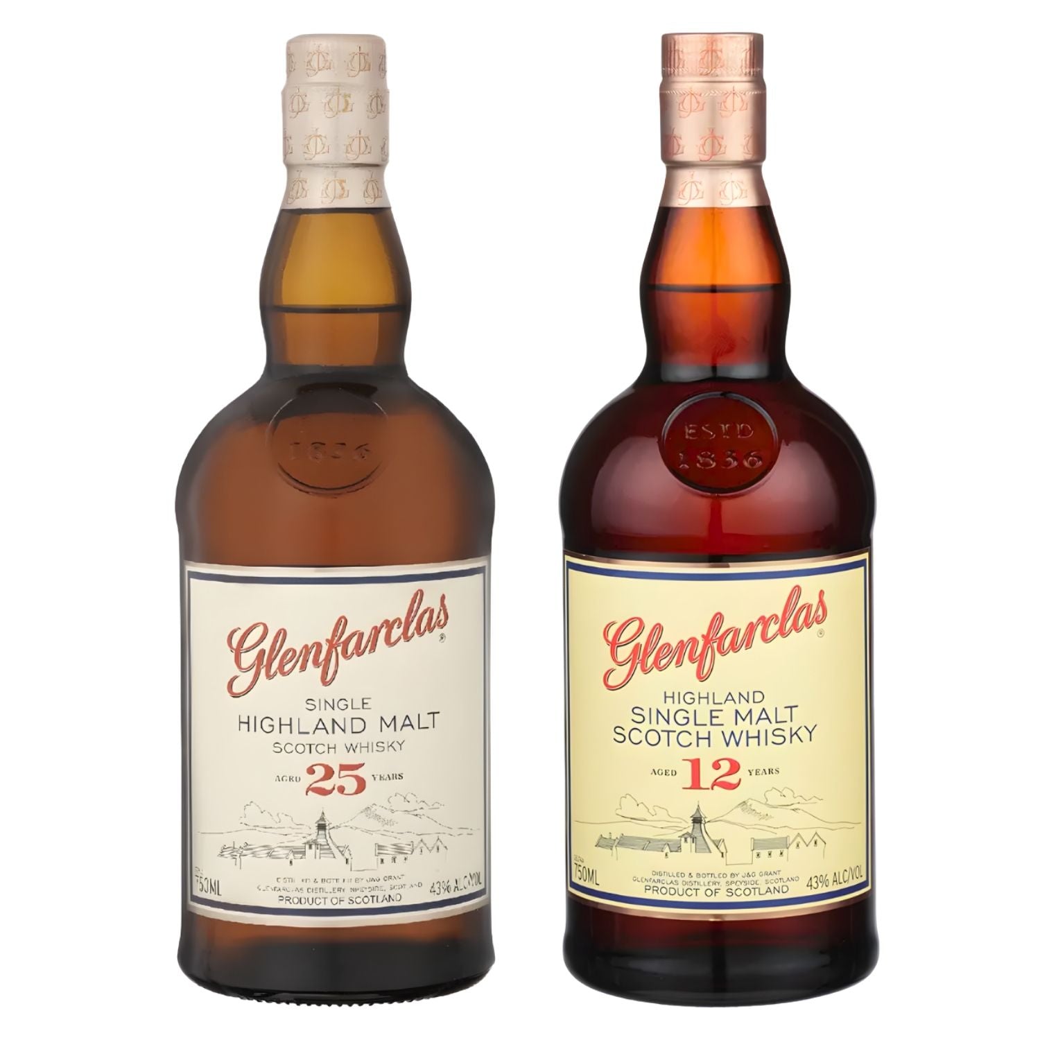 Glenfarclas 12 Year and 25 Year Single Malt Scotch Whisky bundle — two bottles of Speyside sherry cask matured Scotch from Ballindalloch Estate