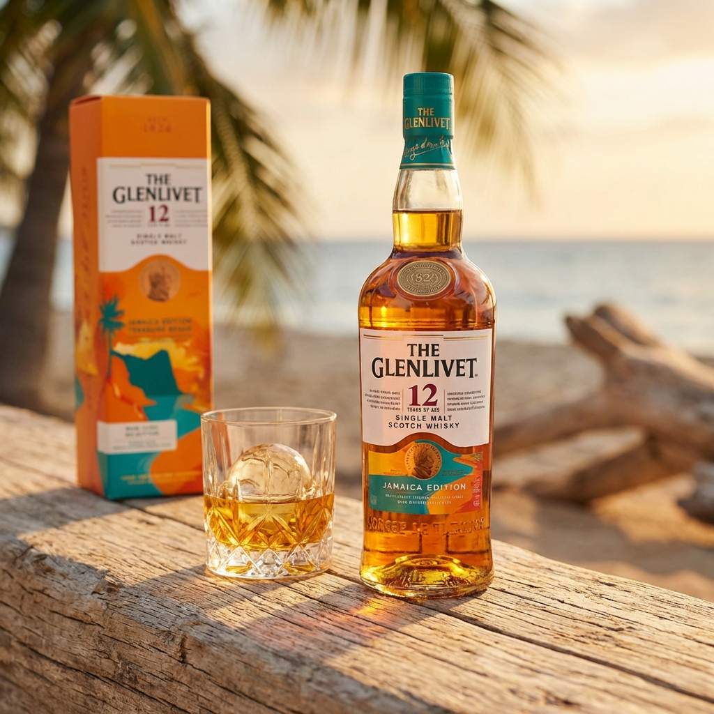 The Glenlivet 12 Year Old Single Malt Scotch Whisky Jamaica Rum Cask Treasure Beach Edition bottle with tropical-themed packaging on driftwood with warm sunset lighting