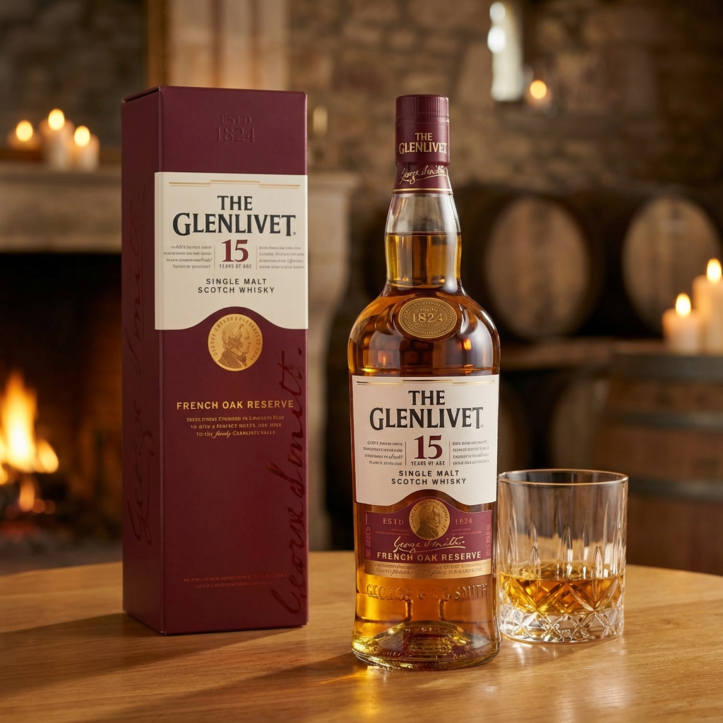 The Glenlivet 15 Year Old French Oak Reserve Single Malt Scotch Whisky bottle with burgundy gift box displayed on French oak surface with crystal glass and warm candlelight ambiance