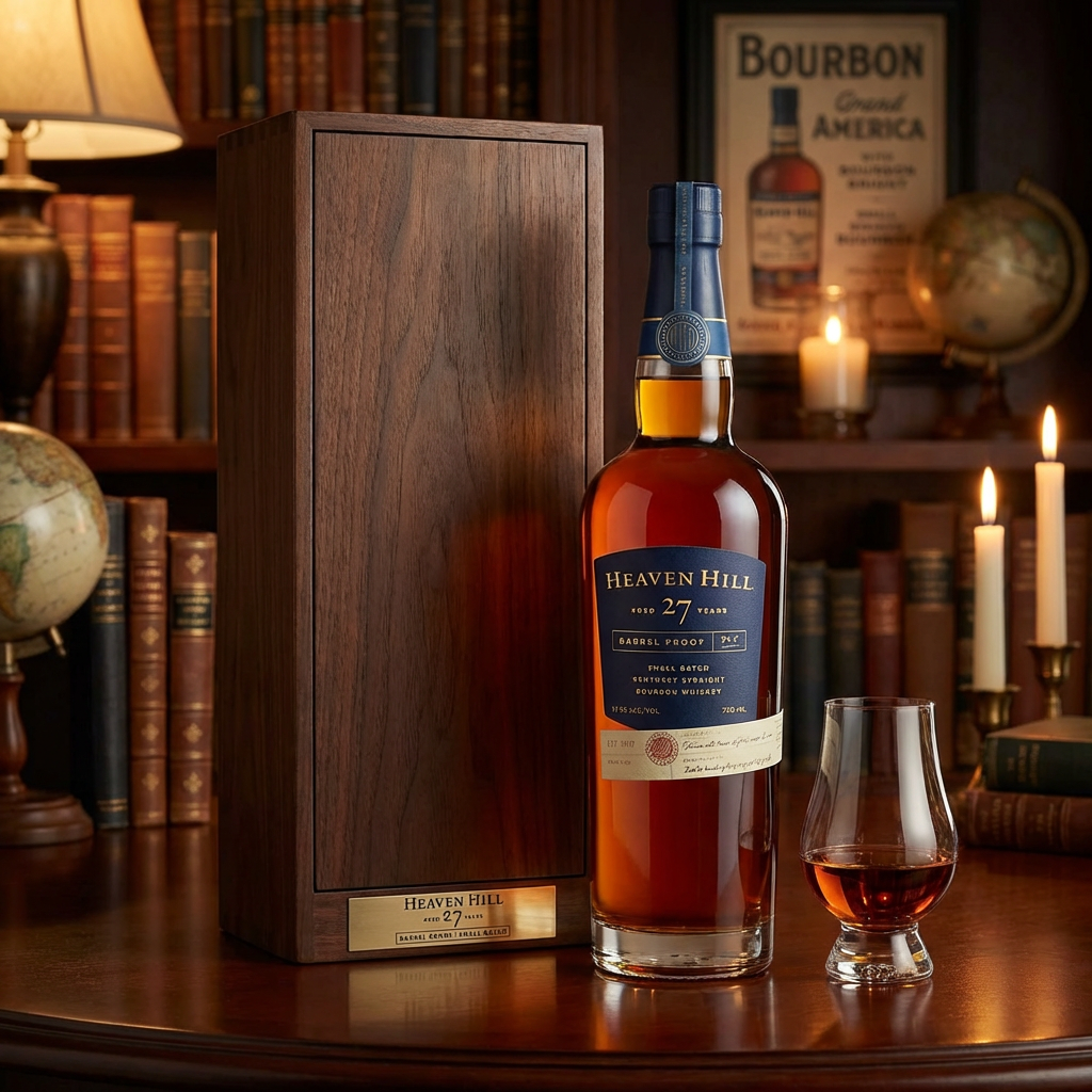 Heaven Hill 27 Year Old Barrel Proof Small Batch Kentucky Straight Bourbon Whiskey bottle in premium walnut wooden display case with navy satin cushioning displayed in collector&