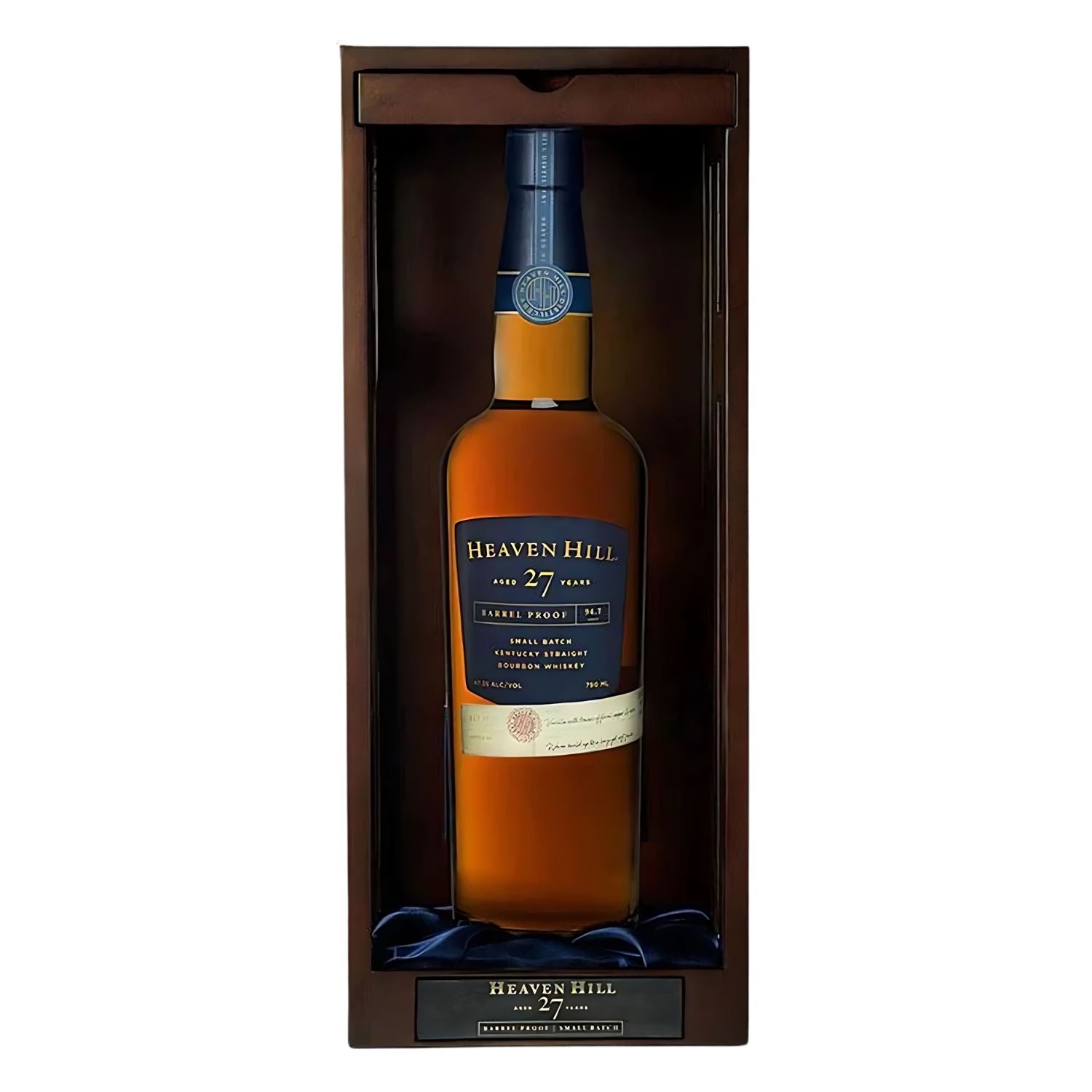 Heaven Hill 27 Year Barrel Proof Small Batch Kentucky Straight Bourbon Whiskey 750ml bottle in custom wooden presentation box with blue satin lining and hand-numbered distiller&