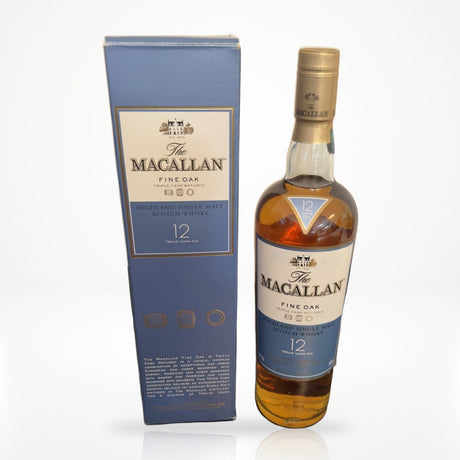 The Macallan Fine Oak 12 Year triple cask single malt Scotch whisky  sweet malt taste 700ml with box on white studio background