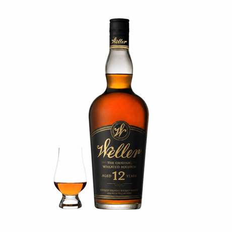 Weller 12 Year bourbon bottle with Glencairn glass