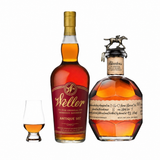 Blanton's Single Barrel and W.L. Weller Antique 107 bourbon bottles with Glencairn glass