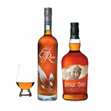 Eagle Rare 10 Year and Buffalo Trace bourbon bottles with Glencairn glass