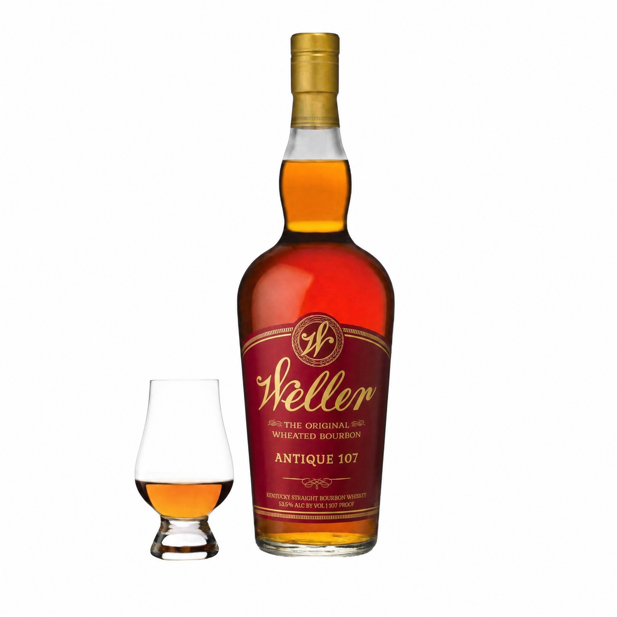W.L. Weller Antique 107 bourbon bottle with Glencairn glass