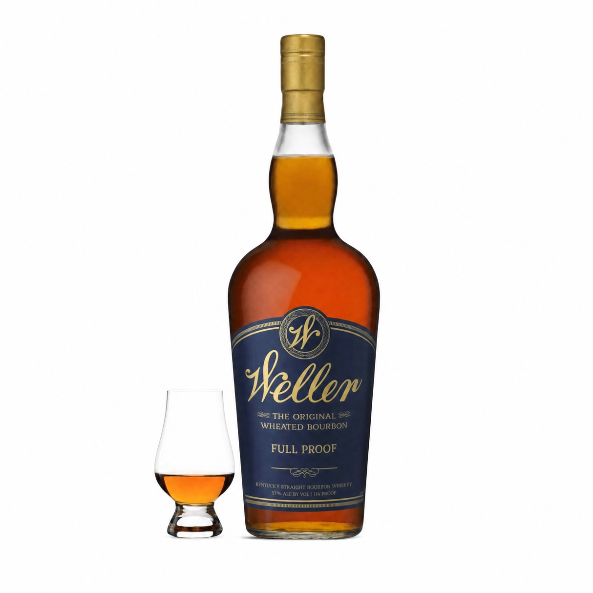 W.L. Weller Full Proof bourbon bottle with Glencairn glass
