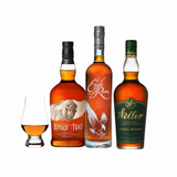 Buffalo Trace, Eagle Rare, and Weller Special Reserve bourbon bottles beside a Glencairn tasting glass on white