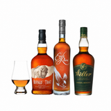 Buffalo Trace, Eagle Rare, and Weller Special Reserve bourbon bottles beside a Glencairn tasting glass on white