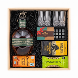 Blanton's Special Reserve Green Label bourbon gift crate with two glasses, whiskey stones, ground coffee, dark chocolate, and pistachios in a natural wood crate.