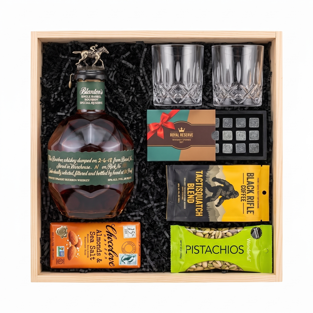 Blanton's Special Reserve Green Label bourbon gift crate with two glasses, whiskey stones, ground coffee, dark chocolate, and pistachios in a natural wood crate.