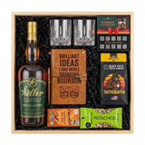 W.L. Weller Special Reserve Gold Foil Edition gift crate with two glasses, a leather bourbon journal and pen, whiskey stones, coffee, chocolate, and pistachios in a wood crate.