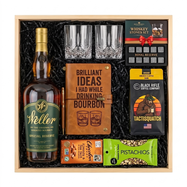 W.L. Weller Special Reserve Gold Foil Edition gift crate with two glasses, a leather bourbon journal and pen, whiskey stones, coffee, chocolate, and pistachios in a wood crate.