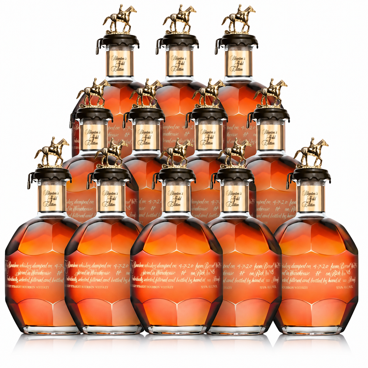 Blanton's Gold Edition Bourbon — twelve-bottle case, gold-stopper single barrel bourbon, 103 proof