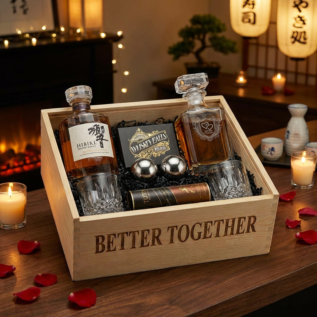 Hibiki Japanese Harmony Whisky Date Night Gift Crate featuring "Better Together" etched square crystal decanter, two crystal cut old fashioned glasses, Whiskey Balls XL stainless steel ice spheres, and Turin bourbon chocolates in a wooden presentation crate with warm romantic ambient lighting
