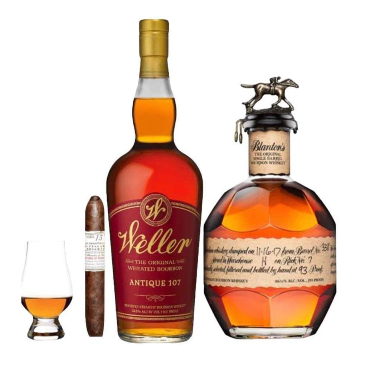 Blanton's and Weller 107 Combo Cigar & Glencairn Gift Set Bourbon Whiskey