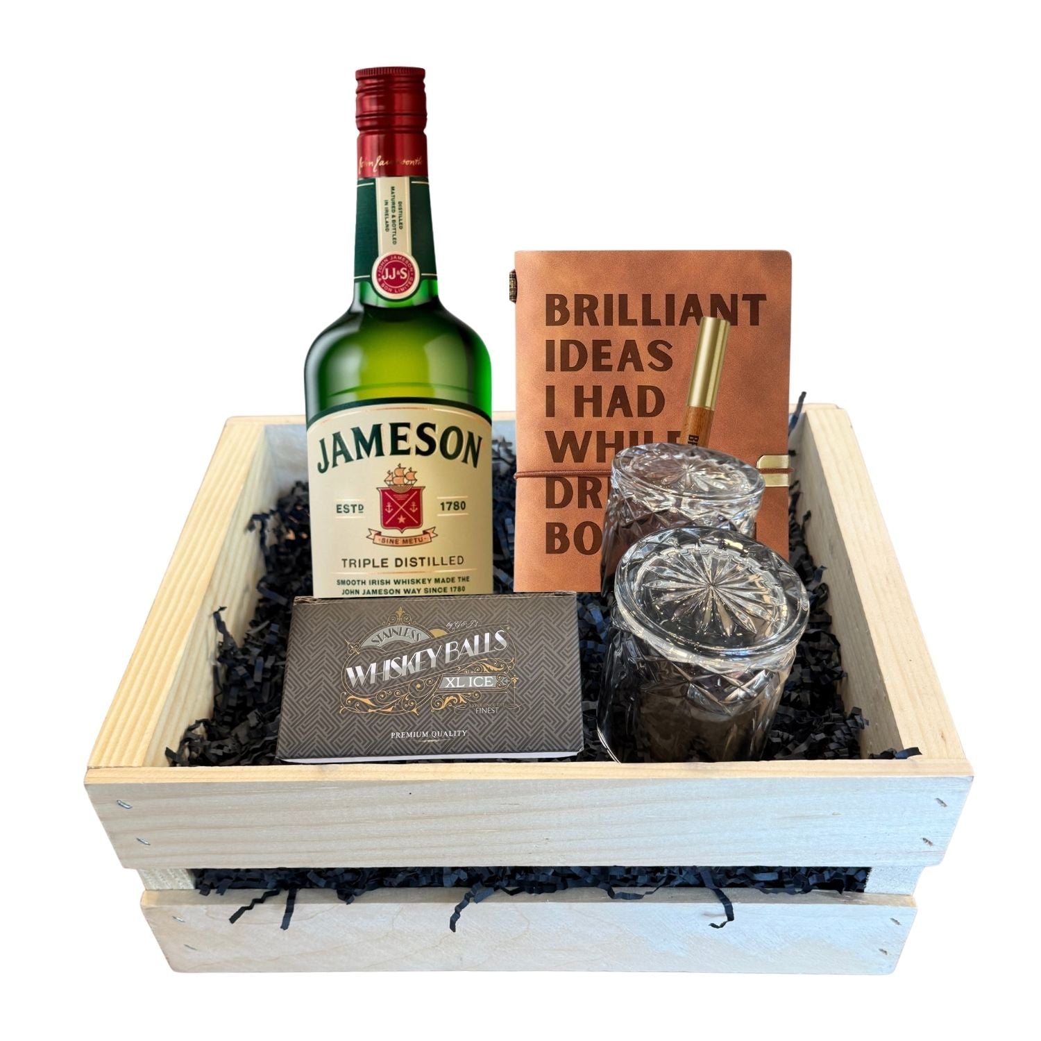 Jameson Irish Whiskey Gift Crate on white background with bottle, journal, whiskey balls, and crystal glasses – limited edition gift crate from Rare Bourbon Shop